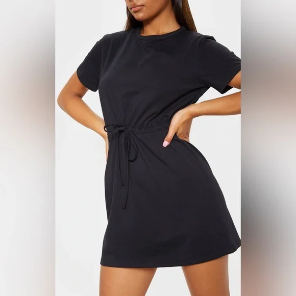 PrettyLittleThing | Dresses | Prettylittlething Plt Black Drawstring Tie  Waist Tshirt Mini Dress 4 S | Poshmark